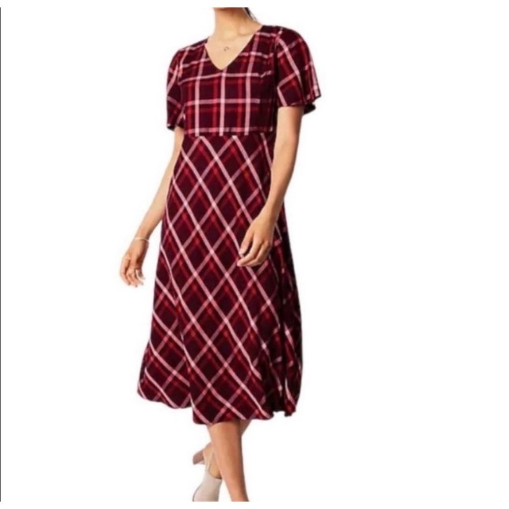 J.Jill Dress XL Petite Plaid Aubergine Flutter Sleeve Midi Hi Lo